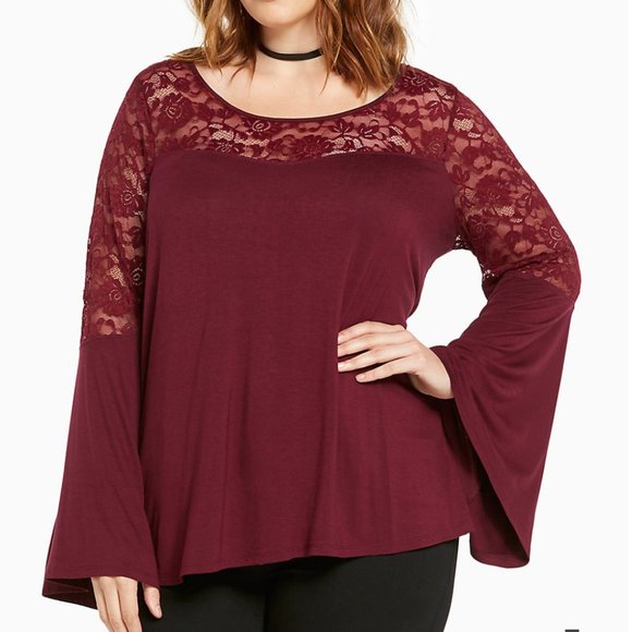 torrid Tops - Torrid Lace Inset Bell Sleeve Top 3X Maroon